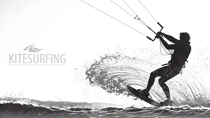 Kitesurfing and kiteboarding. Silhouette of a kitesurfer. Man in a jump performs a trick. Big air competition. 