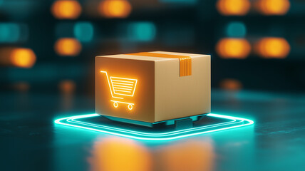 glowing package with shopping cart icon, symbolizing online shopping and delivery services. vibrant colors create modern, tech savvy atmosphere