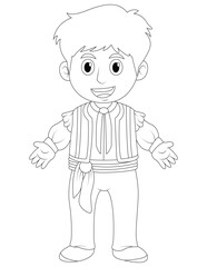 wearing a traditional Spanish-style outfit, such as a flamenco-style dress or simple Andalusian attire. traditional Spanish-style outfit coloring page for kids. Spanish boy coloring page .