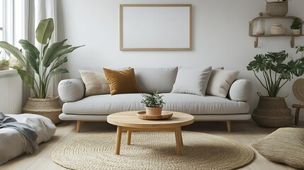 Cozy living room interior with light grey sofa, wooden coffee table, jute rug, and plants.