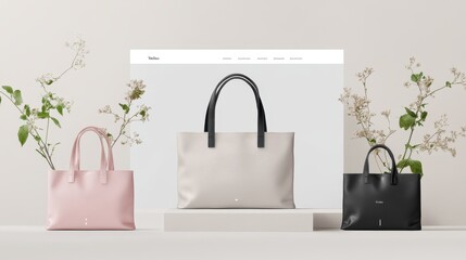 Three Stylish Tote Bags Displayed on White Platforms