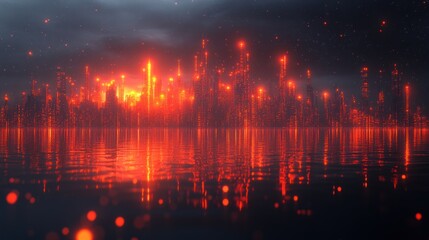 Fototapeta premium Glowing city skyline reflected in dark water at night.