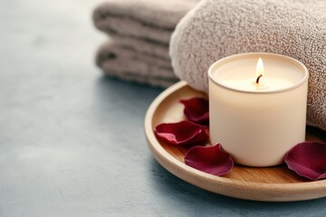 Luxurious spa experience with soft towels, a calming candle, and delicate flower petals on a serene surface