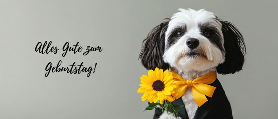Hund mit Sonnenblume gratuliert zum Geburtstag  Lustige Geburtstagskarte für Tierfreunde