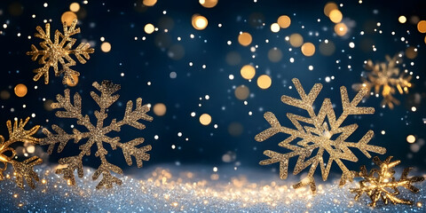 Winter holiday background featuring gold glitter snowflakes and glowing bokeh lights. Seasonal web design, print materials, social media posts.