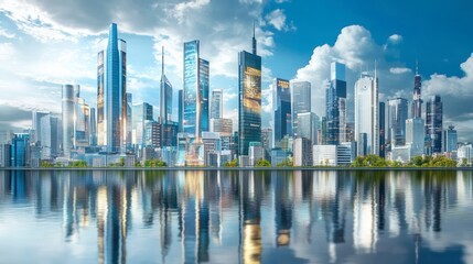 Fototapeta premium A futuristic skyline dominated by holographic advertisements for megacorporations