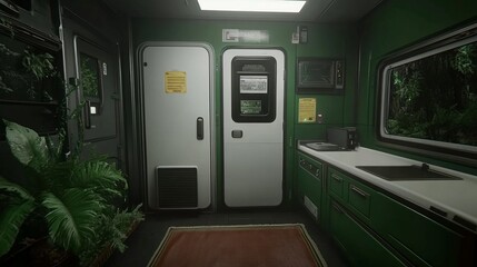 Fototapeta premium Lush Green Train Car Interior Kitchenette
