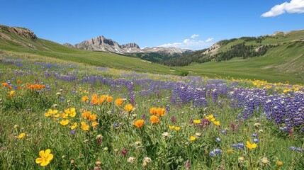 Fototapeta premium A vibrant alpine meadow filled with colorful wildflowers under a bright blue sky