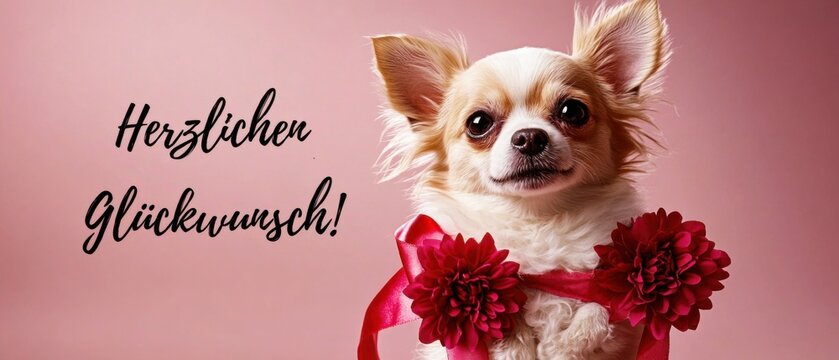 Herzlicher Gl&uuml;ckwunsch Niedlicher Chihuahua mit Blumenstrau&szlig; gratuliert