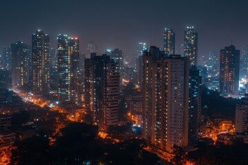 Naklejka premium A breathtaking view of a bustling city skyline at night, featuring tall buildings adorned with glowing lights. The vibrant streets below pulse with life and energy.