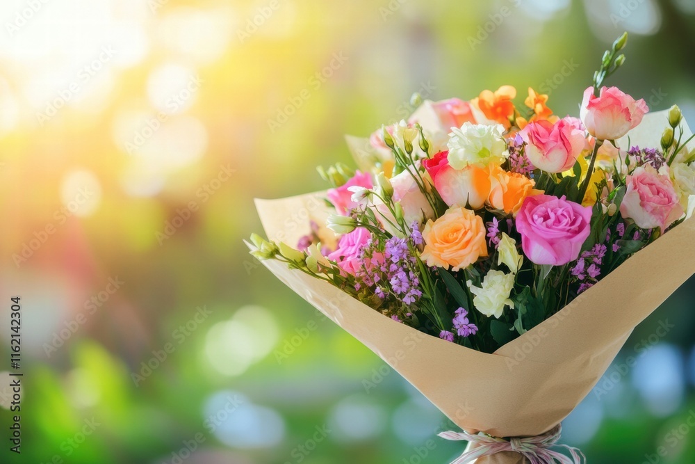 Poster Colorful flower bouquet wrapped in kraft paper with soft lighting and ample space for text or branding. Generative AI