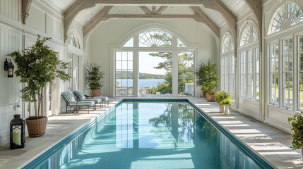 Piscine intérieure luxueuse dans une maison de style New England sur une île privée