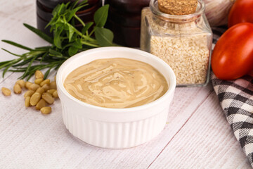 Delicious walnut creamy sauce in the bowl