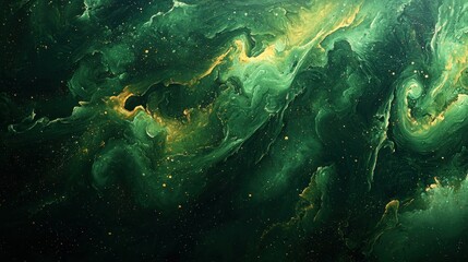 Obraz premium Abstract green swirling patterns with golden accents.