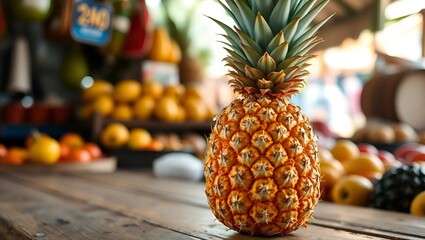 Pineapples, a perfectly ripe pineapple standing upright on a wooden market table, its golden-yellow skin glowing in the soft sunlight