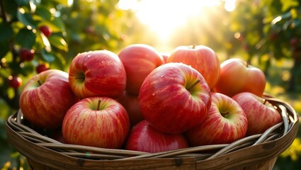 Fresh red and green apples arranged in a rustic wooden basket, dewdrops glistening on their skin