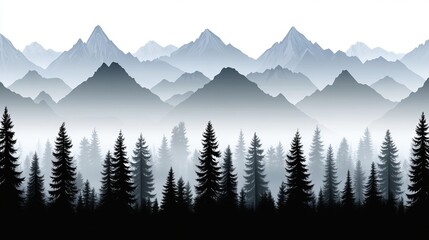 Obraz premium Misty Mountain Range with Silhouetted Coniferous Forest