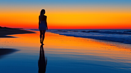 Fototapeta premium Serene Silhouette of Woman Walking Along Vibrant Sunset Beach Reflecting Colors