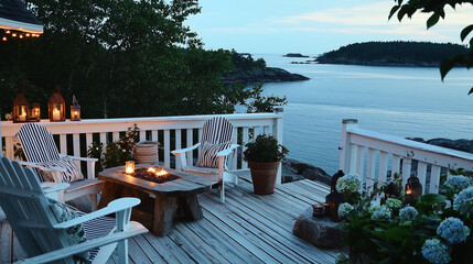 Fototapeta premium Terrasse spacieuse de style New England avec vue sur l'océan