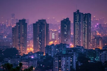 Naklejka premium Bright city lights illuminate the skyline filled with high-rise buildings. The ambient glow creates a vibrant atmosphere in this lively urban setting after sunset.