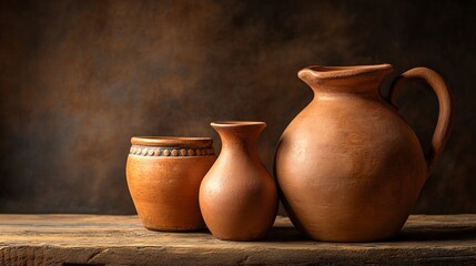 Handmade Clay Pots and Jugs on Wooden Table in Close-Up. AI generated illustration
