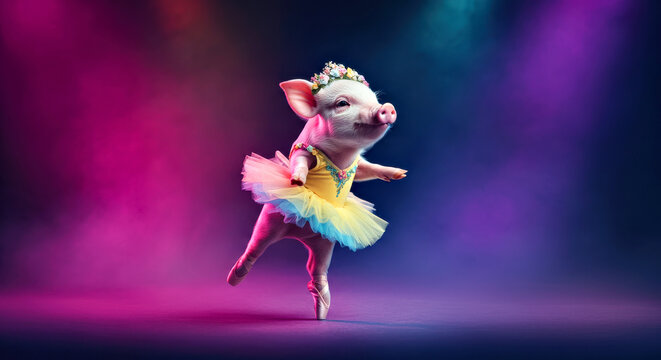 Graceful Piglet Ballerina in Tutu Dancing Under Colorful Stage Lights. National Pig Day - Powered by Adobe