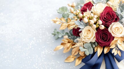 Vintage-inspired wedding bouquet with burgundy roses and golden accents on soft gray table