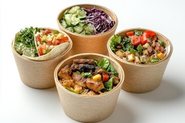 Four eco-friendly containers display colorful salads and grilled proteins, showcasing a healthy meal choice. Ingredients include greens, vegetables, and grilled meat, all appealingly arranged.