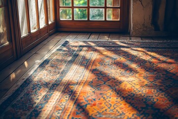 Vibrant Carpet with Intricate Patterns in Front of Wooden Window. AI generated illustration