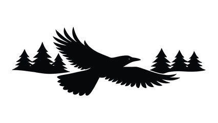Silhouette of a Crow Flying over a Forest