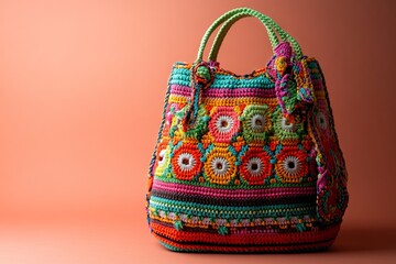 Boho Crochet Handbag in Vibrant Colors on Neutral Background. AI generated illustration