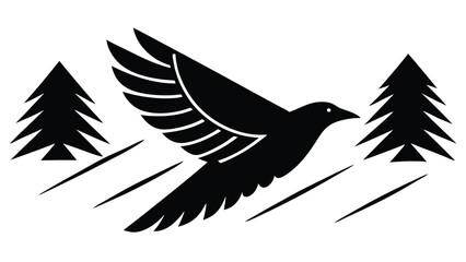 Silhouette of a Crow Flying over a Forest