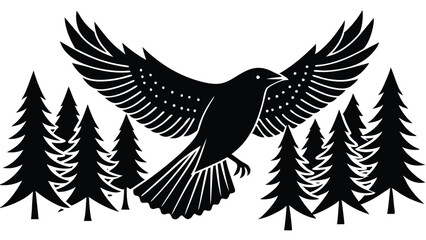 Silhouette of a Crow Flying over a Forest