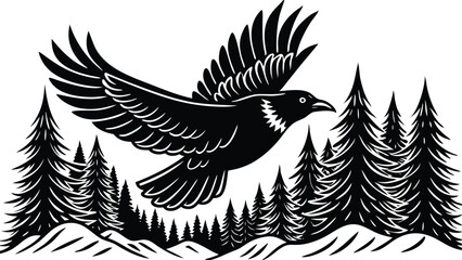 Silhouette of a Crow Flying over a Forest