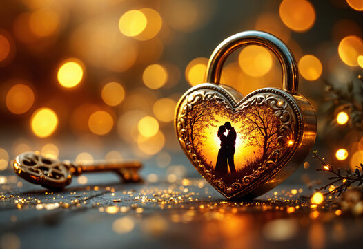 Key to My Heart: A heart-shaped lock with the silhouette of a couple embracing, set against a softly blurred background of shimmering golden bokeh, and an ornate vintage key nearby.