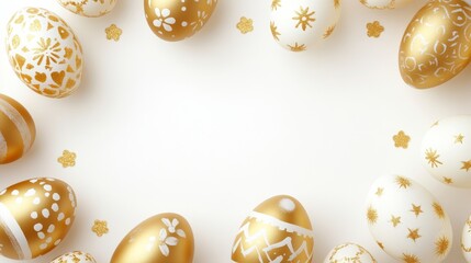 Golden easter egg frame isolated on white background with minimalist design, featuring decorated eggs in metallic gold shades, perfect for happy easter greeting cards, holiday invitations, and seasona