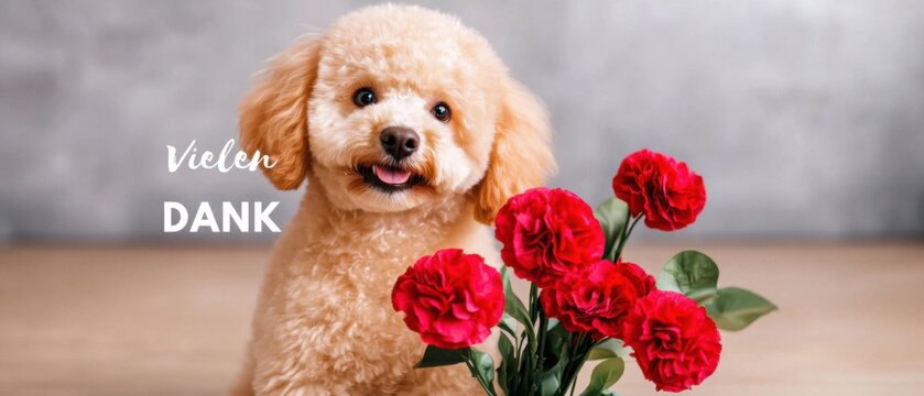 Dankbarer Zwergpudel mit roten Nelken Blumenstrau&szlig;  Stockfoto
