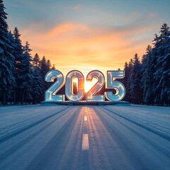 Ice sculpture of 2025 on a snowy road in a forest at sunset