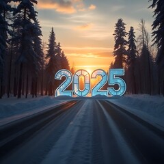Ice sculpture of 2025 on a snowy road in a forest at sunset
