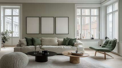 Modern living room interior design with neutral colors, large windows, comfortable sofa, armchairs and coffee tables.