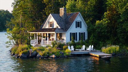 Obraz premium Charmante maison de style New England sur une île privée, avec vue sur l'océan