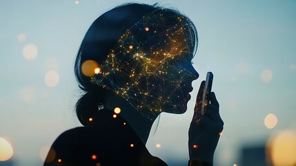 Double exposure effect of a successful businesswoman using her smart phone against a city skyline.