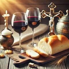 Bread and Red Wine in Glass - Communion - The Lord's Supper and Holy Bible - Blood and Body Embodiment - Sacrament - Christian Ritual - Wallpaper or Background for Religion