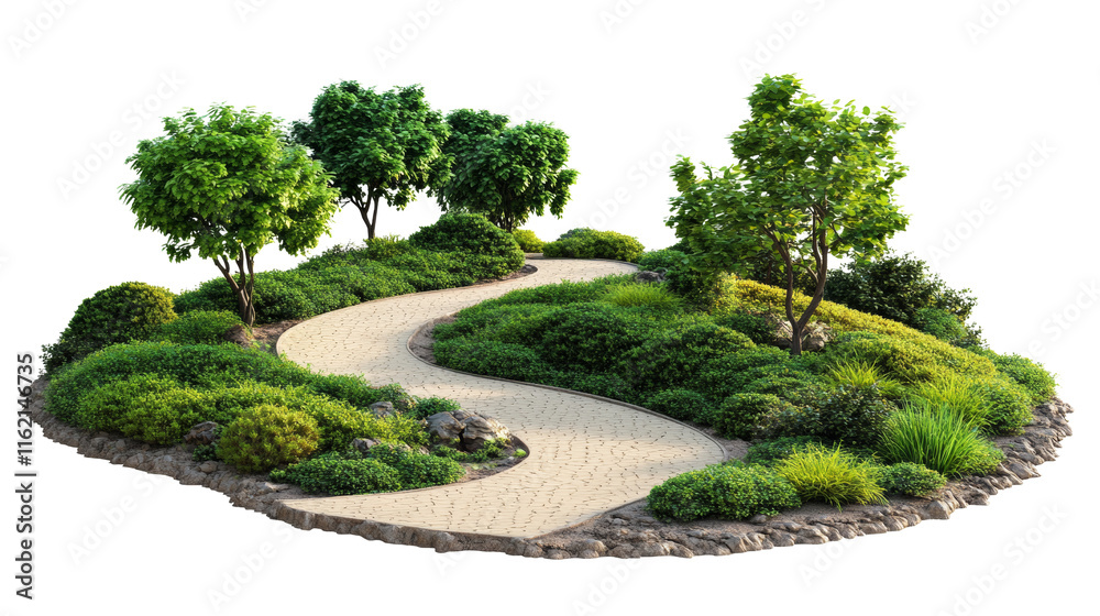 Poster winding path through the park isolated transparent background
