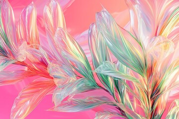 Abstract palm leaves in vibrant mint and green holographic neon colors over a pink backdrop with a digital motion glitch effect interlacing them. Generative Ai