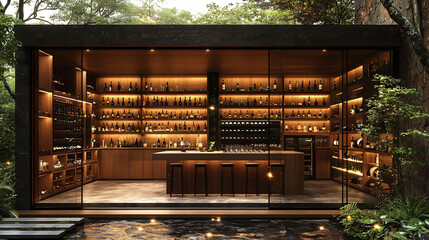 Cave à vin moderne et luxueuse dans une maison en bois entourée de forêt