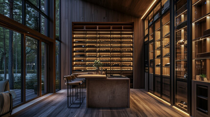 Cave à vin moderne et luxueuse dans une maison en bois entourée de forêt