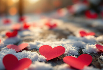 Winter Hearts: Close-up of vibrant red paper hearts scattered atop of a glistening, snow-covered surface. A serene outdoor setting, with gentle sunlight casting a warm glow.