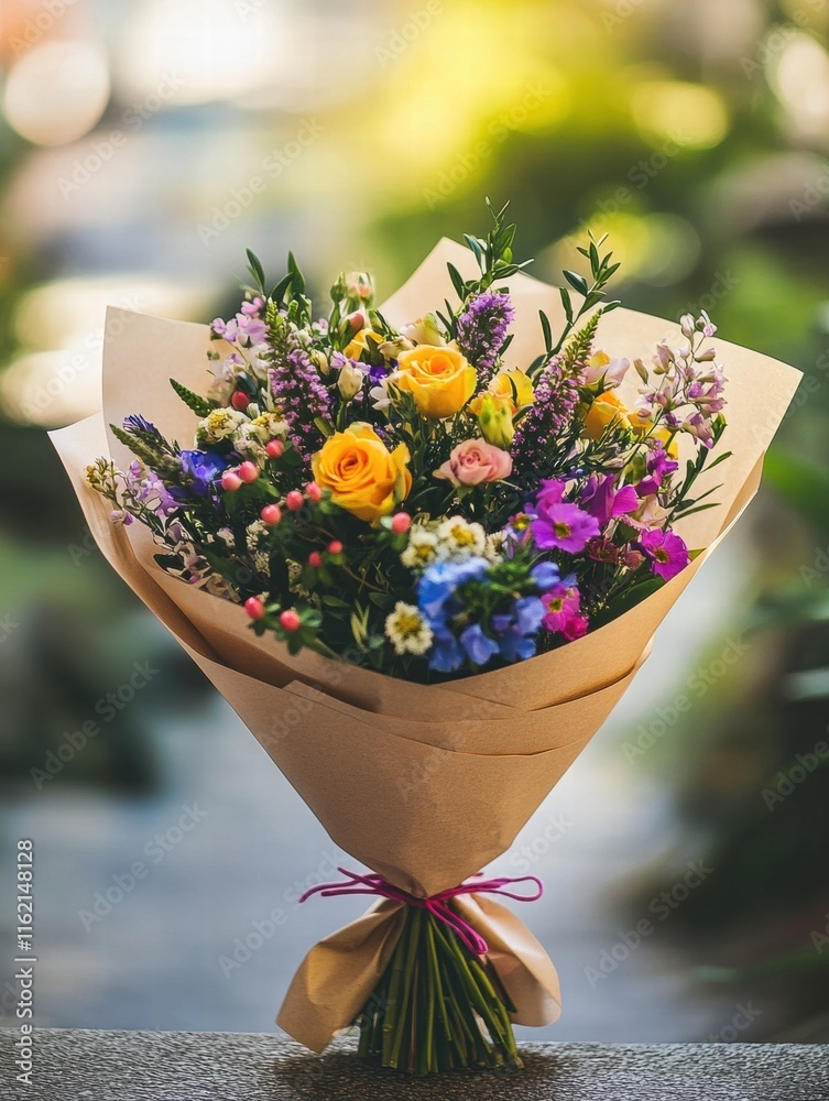 Poster vibrant flower bouquet wrapped in kraft paper with a beautiful garden backdrop and ample space for t
