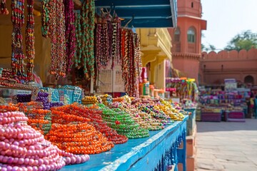 Colorful jewelry display at an outdoor market in Jodhpur. AI generated illustration